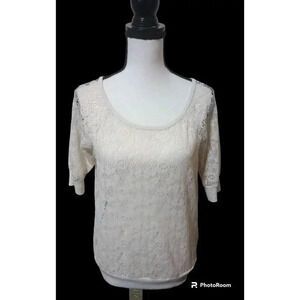 Bongo Cream Lace Blouse Short Sleeve Sheer Romantic Size XL